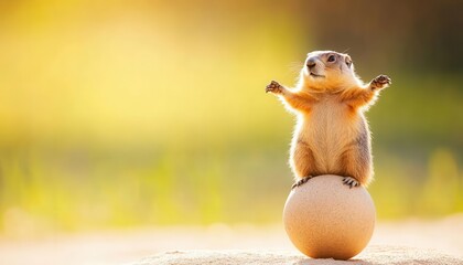 A groundhog balancing on a ball with blank space for a joke, circusinspired meme graphic, fun