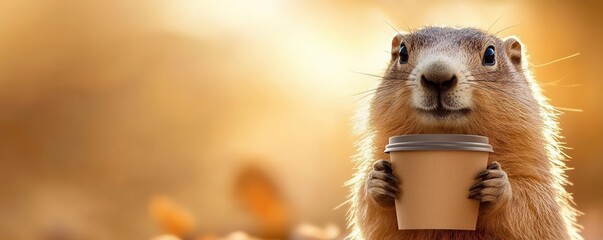 A groundhog holding a coffee cup with a sign that says,  I Need More,  blank space for captions, coffee meme graphic, bold