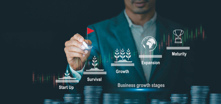 Business or financial growth stage concept. startup, survival, growth, expansion and  maturity management certification asset investment with chart financial graph Interest rate and dividend