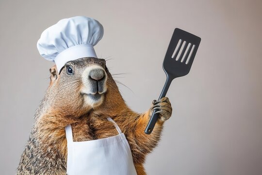 A groundhog in a chef s hat holding a spatula with blank area for text, funny cooking meme graphic, bold