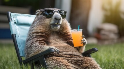 A groundhog sitting in a lawn chair with sunglasses and a drink, blank space for text overlay, relatable meme graphic, relaxed tones