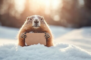 A groundhog surrounded by snow with a sign saying,  Not My Fault,  blank space for captions, seasonal meme template, playful