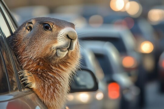 A groundhog stuck in a traffic jam with blank area for captions, relatable meme graphic, funny