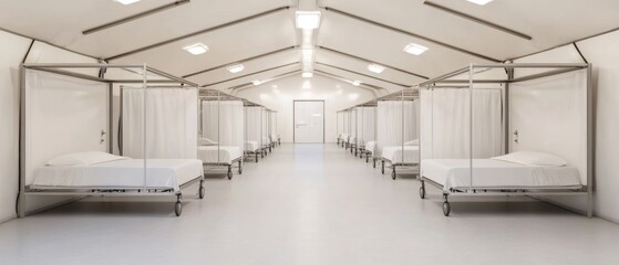 Temporary healthcare facility fully equipped for pandemic response symbolizing health readiness and proactive measures organized and professional layout