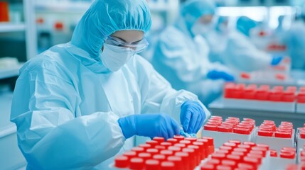Healthcare workers arranging medical supplies in a sterile facility symbolizing pandemic readiness and efficient health measures clean and sharp focus