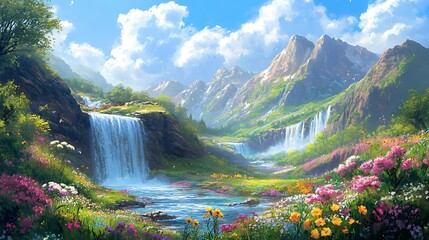 Fototapeta premium painting of a waterfall in a mountain valley with flowers and trees