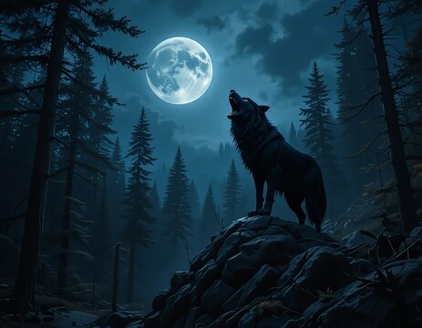 Un bosque de medianoche, iluminado por la luna llena, mientras un lobo negro solitario se encuentra en lo alto de un afloramiento rocoso