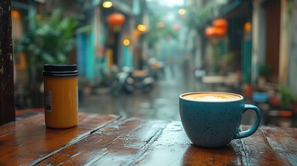Vietnamese Coffee Experience, showcasing a cup of rich coffee, a can of condensed milk, street vendor ambiance, vibrant cultural setting