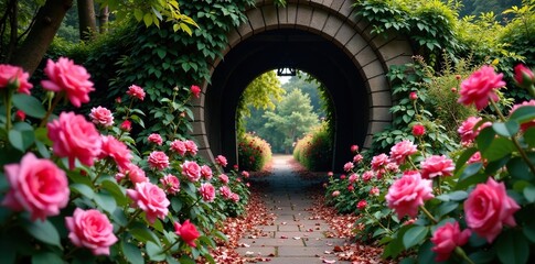 Overgrown roses spill out of a tunnel entrance, garden tunnel rose, rose garden