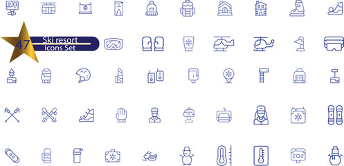  icons related to skiing. Linear icon collection. Editable stroke.