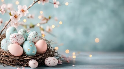 Obraz premium Pastel Easter eggs nestled in a bird's nest, adorned with spring blossoms.