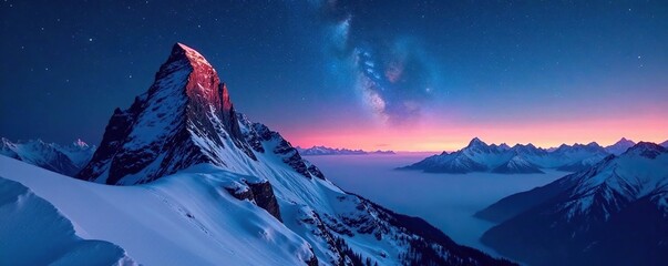 Mountain summit under starry night sky with snow, snow, frozen