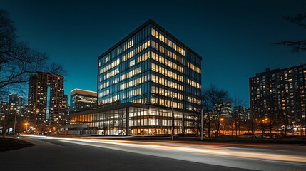 Fototapeta premium Modern illuminated building at night cityscape