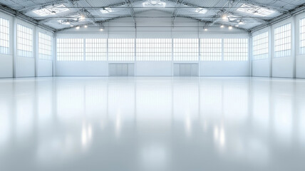 Clean modern warehouse with bright windows and polished floor