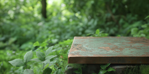 Naklejka premium A rustic, weathered metal surface contrasts against lush greenery in a forest, symbolizing the intersection of nature and human-made materials in harmony.