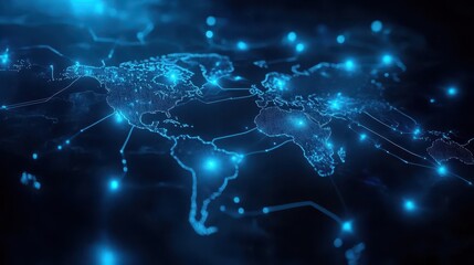 A holographic map of the world highlighting the Americas, with glowing nodes representing data transfer, cyber technology, sleek