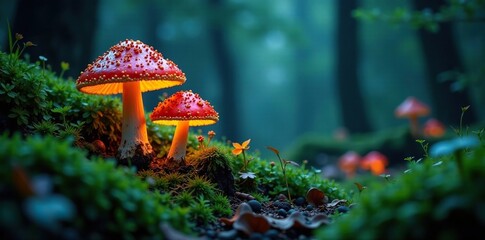 Mossy forest floor illuminated by soft luminescent mushrooms, mystical, magical