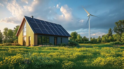 Obraz premium Eco-friendly energy farm with advanced solar panels and windmills 