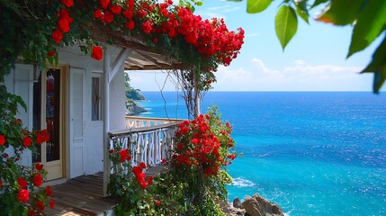 Obraz premium there is a balcony with a balcony and a balcony with red flowers