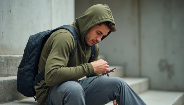 A focused young man wearing a green hoodie and gray sweatpants sits on concrete steps, absorbed in his smartphone. His casual attire and backpack suggest a relaxed, urban vibe, capturing a moment of