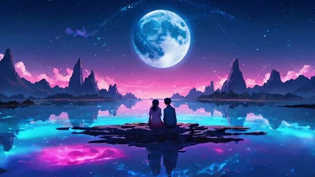The couple sits floating island glowing blue and pink crystals, moon stars forming a heart-shaped pattern in the night sky, 2D flat anime style illustration, 4k landscape animation video