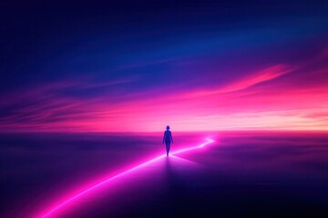Fototapeta premium A lone figure ascending a glowing arrowshaped path, set under a sky transitioning from pink to deep blue, navigating growth visualization, artistic
