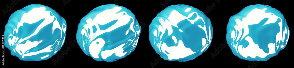 Poster Set of glossy blue glitched blobs on a white background. Colection of 3D abstract shapes for design projects.