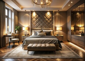 Warm lighting illuminates a luxurious tan bedroom, featuring an elegant nightstand and chic interior design.