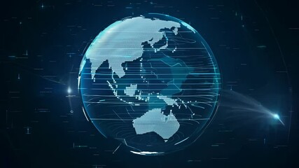 Futuristic digital globe with glowing blue data lines and grid patterns. The rotating world map features a sleek, cyber-inspired design with a minimalistic dark background. - Powered by Adobe