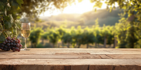 A serene vineyard scene showcasing a glass of white wine and a cluster of grapes on a wooden table, with sunlit vines in the background creating a peaceful ambiance.