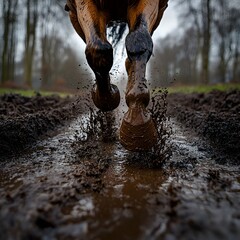 Powerful Horse Galloping Through Mud Splattered Field Displaying Unbridled Freedom and Energy