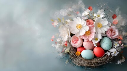 Obraz premium Pastel Easter eggs nestled in a bird's nest, adorned with delicate spring blossoms.