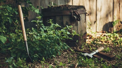 Fototapeta premium Caper bush growing near an old wooden well, rustic farming tools scattered around