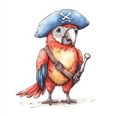A parrot imitating a pirate with a hook and eye patch, whimsical design, ink and watercolor, isolated on white background