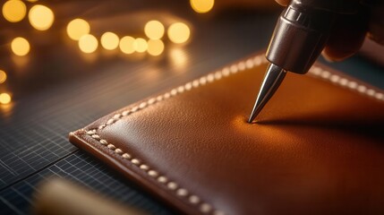 A personalized leather wallet being engraved with blank space for captions, custom craft graphic, modern