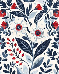 Scandinavian folk art ornament featuring white flowers on a light blue background