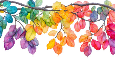 Rainbow leaves on a branch, vibrant colors, watercolor style.