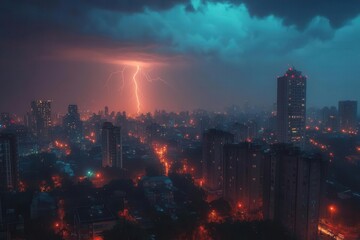 Obraz premium dramatic image of lightning striking a bustling city skyline at night illuminating buildings under a stormy sky capturing the energy and intensity of natures power against urban life