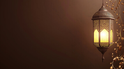 3D Islamic lantern hanging with copy space on mocha mousse backdrop golden leaves emerging from right.