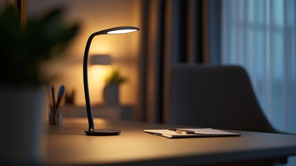 Fototapeta premium Modern Desk Lamp Illuminates Workspace At Night