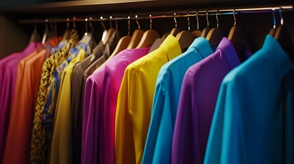 Colorful shirts hang neatly on wooden hangers in a closet