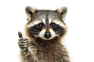 Cute raccoon in a happy pose with a thumbs up sign isolated on transparent background