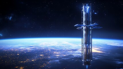 Naklejka premium A futuristic space elevator stretching from a glowing earth to the stars, with advanced spacecraft docked around the structure