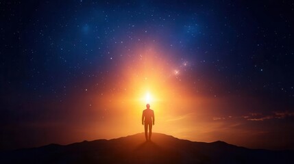 Fototapeta premium A radiant upward arrow glowing against a celestial backdrop, with a solitary figure walking confidently, career growth visualization, vivid