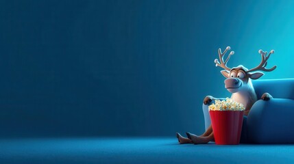 A reindeer lounging on a couch watching TV with popcorn, blank space for captions, lazy day meme graphic, funny