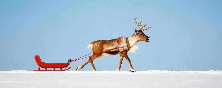 A reindeer pulling a sled uphill with a sigh, blank space for overlay text, relatable meme, funny struggles