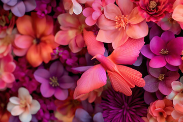 Fototapeta premium Colorful arrangement of artificial flowers with a butterfly in vibrant hues