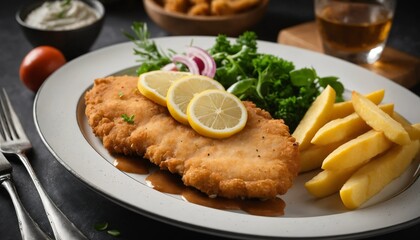 Crispy breaded cutlet served with lemon wedges, fries, and a fresh salad. A delicious and satisfying meal.