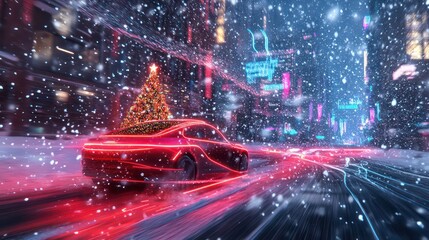 Red car with Christmas tree driving through snowy city at night.