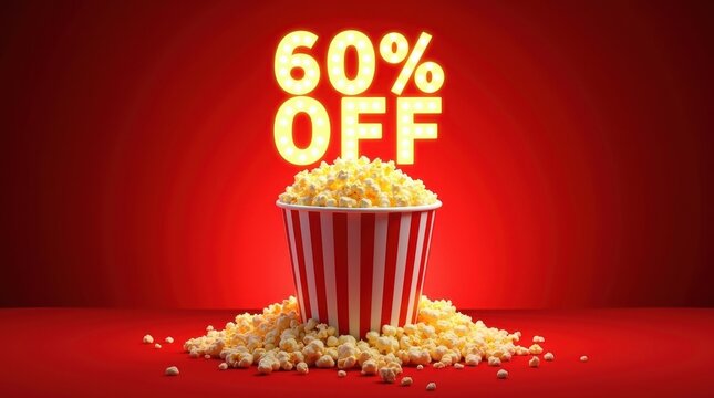 Exciting popcorn discount event movie theater promotional offer bright red background informative concept